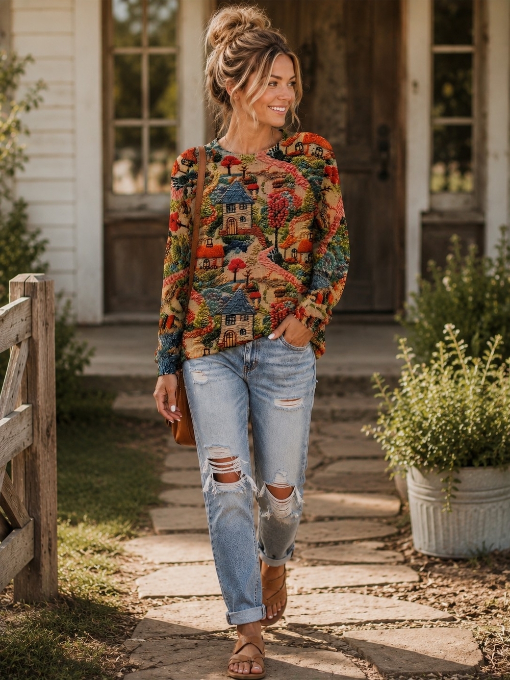 VINTAGE Inspired Women’s  Crewneck Top - Multicolor Print Coastal Cottage